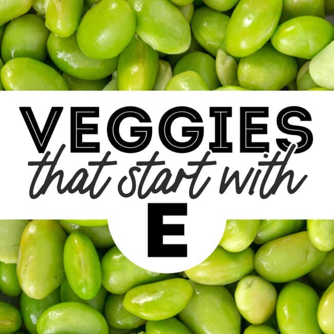 Collage that says "vegetables that start with E".