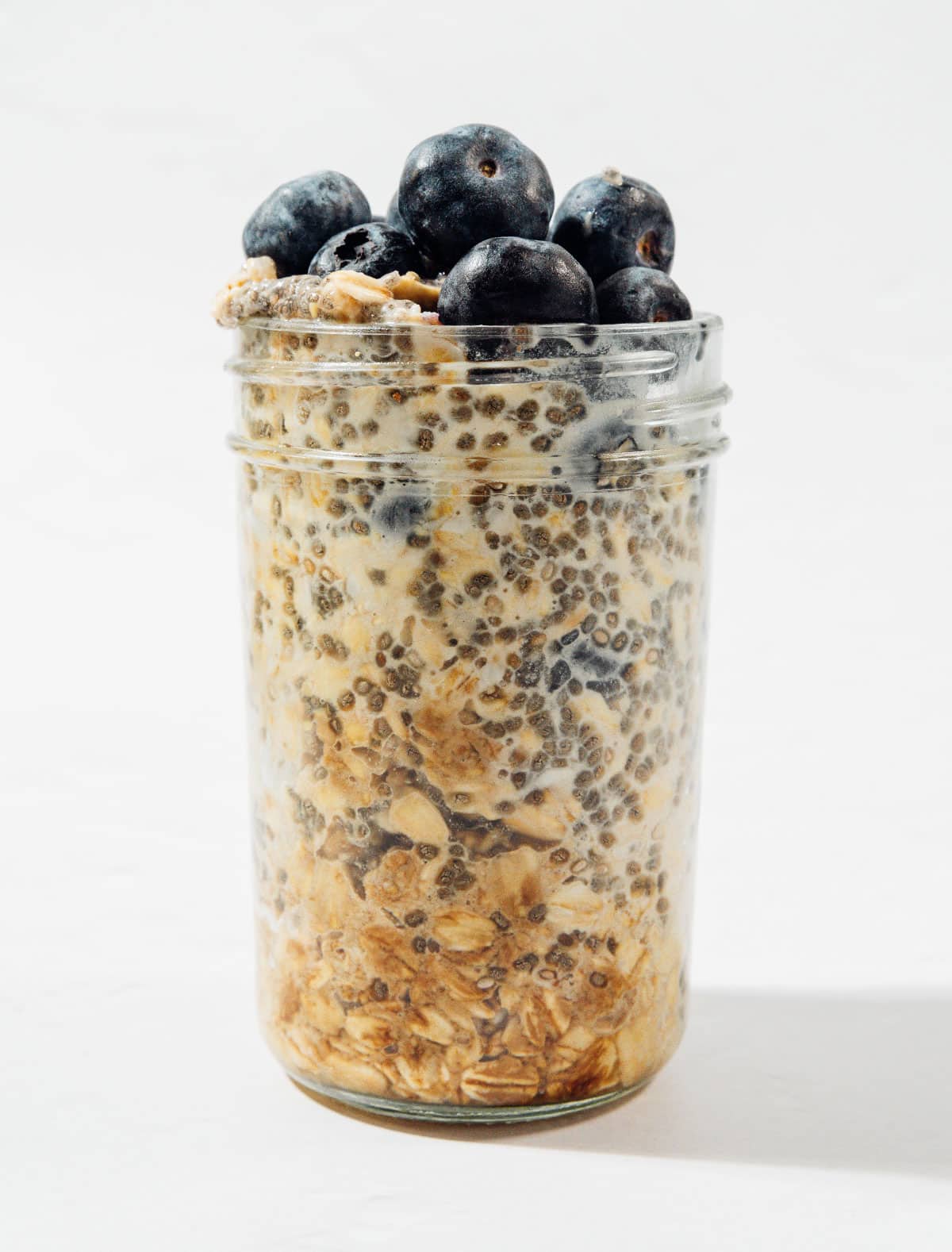 Blueberry overnight oats in a jar.