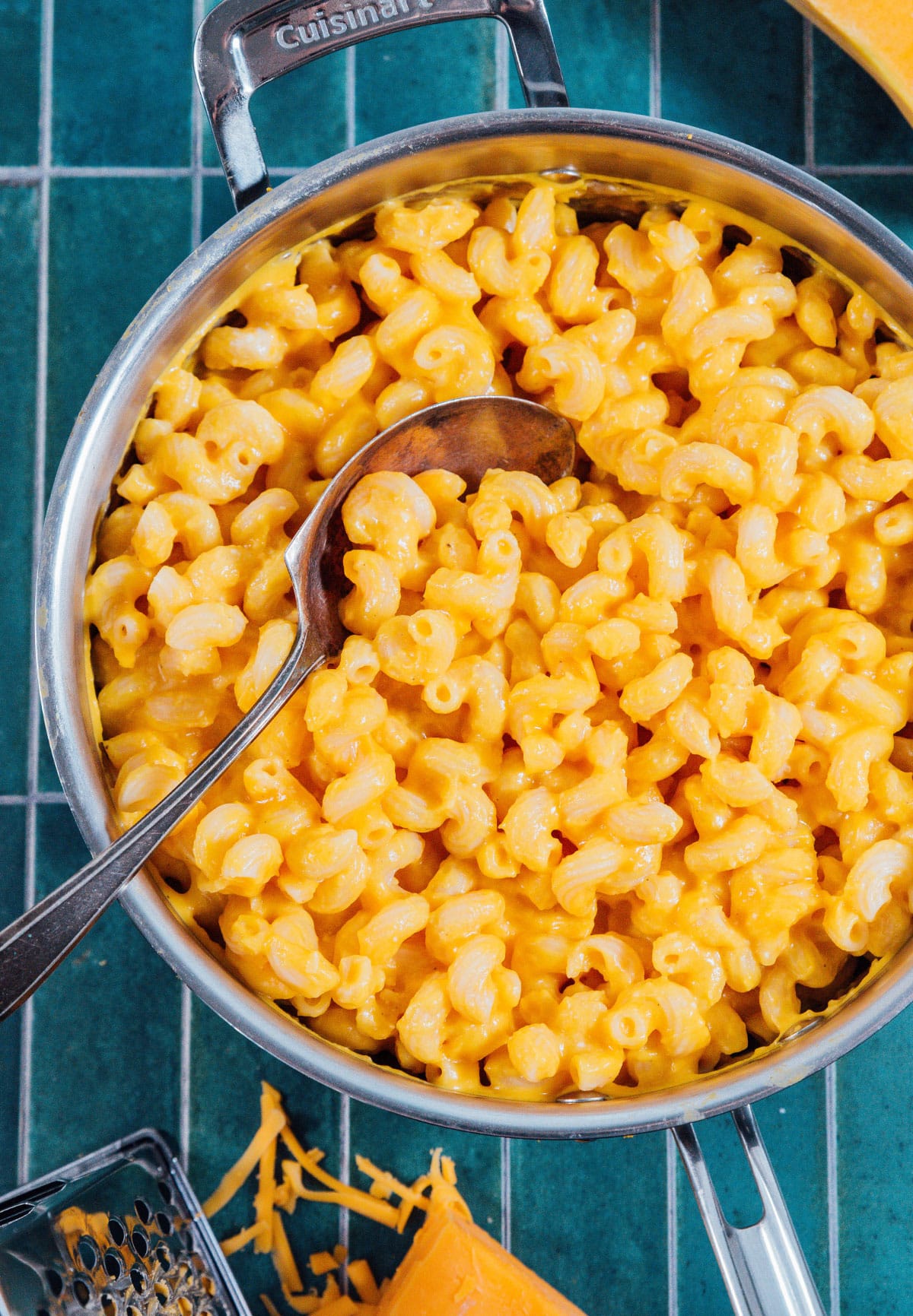 Butternut squash mac and cheese in a pan.