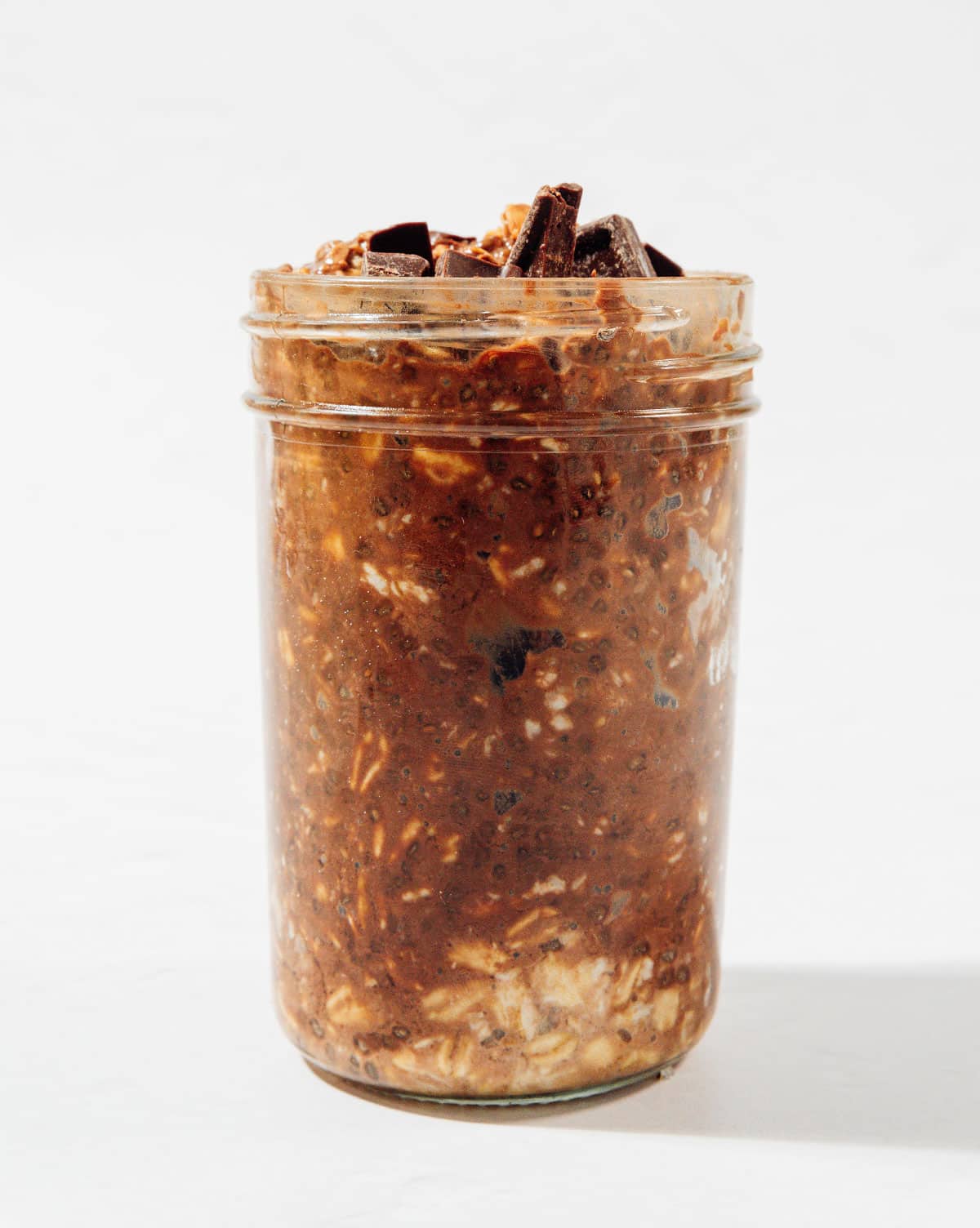 Chocolate overnight oats in a jar.