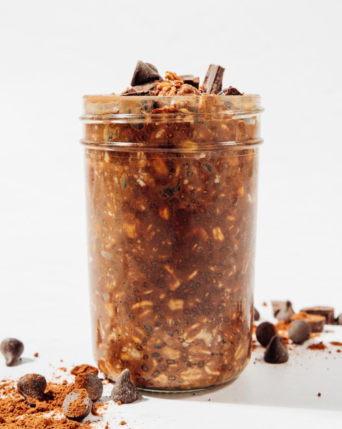 Chocolate overnight oats in a jar.