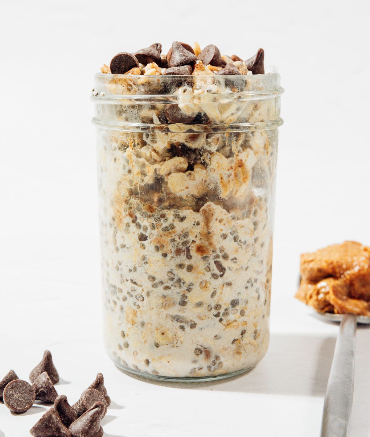 Cookie dough overnight oats in a jar.