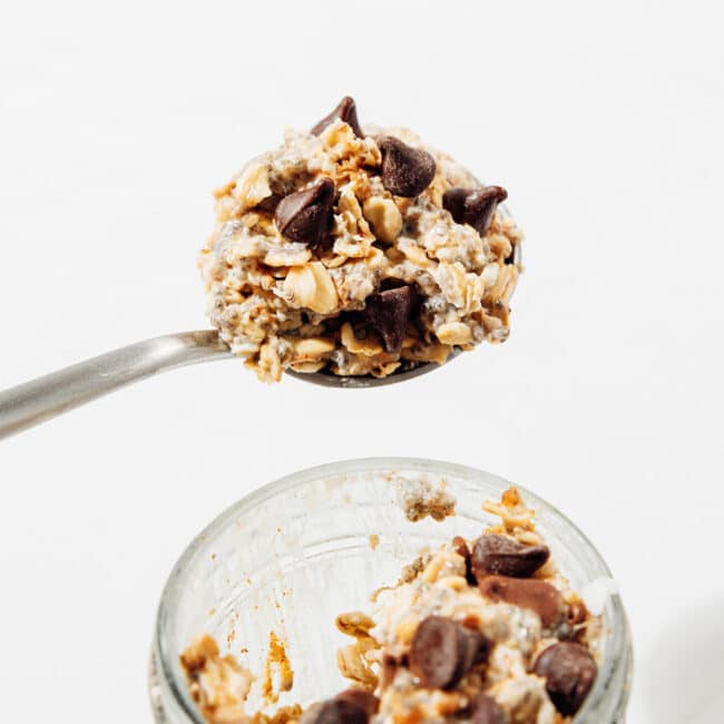 Spoon of cookie dough overnight oats.