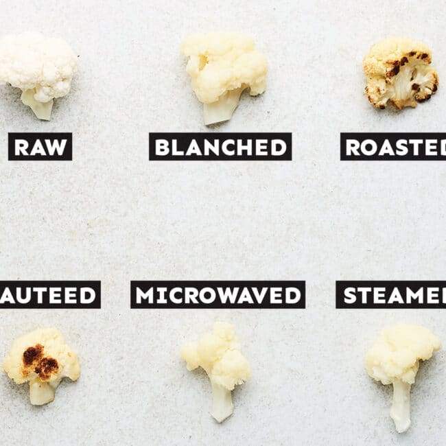 Many ways to cook cauliflower with labels.