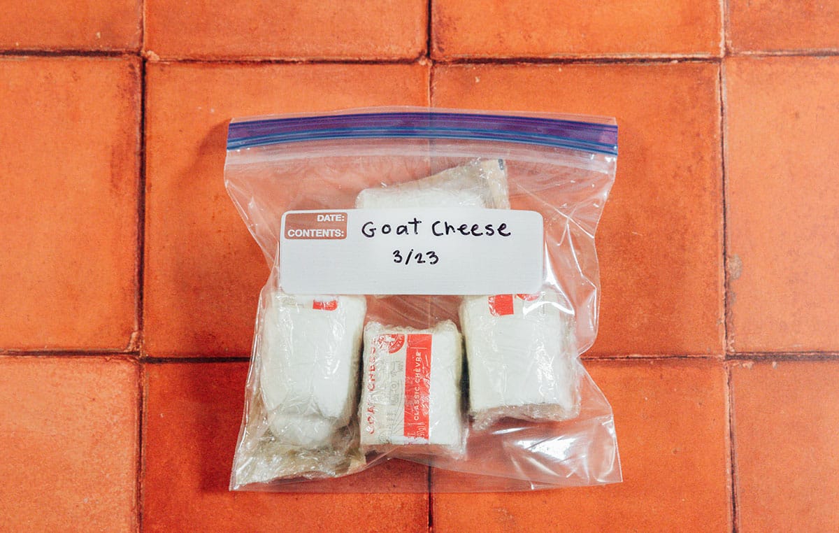 Frozen goat cheese in a bag.