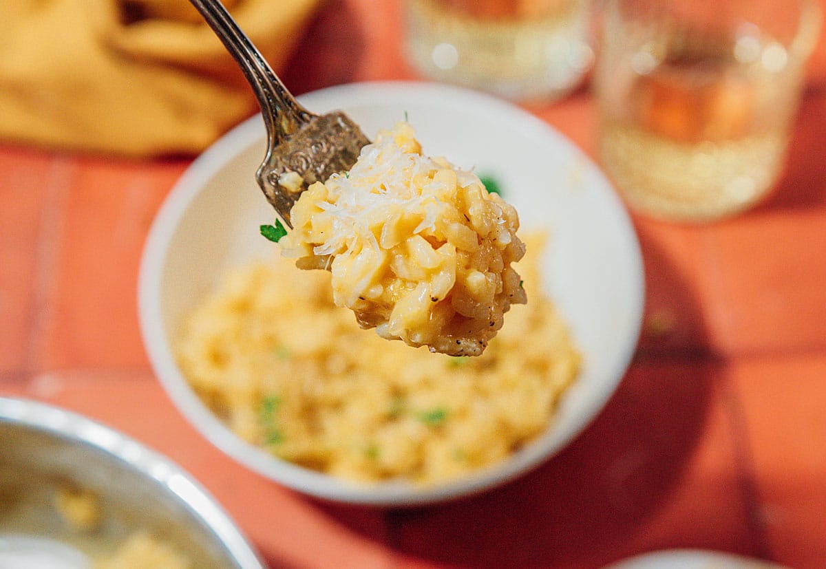 Risotto on a fork.