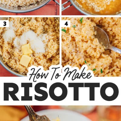 Creamy risotto in a bowl with a spoon.