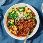 Lentil chili in a bowl.
