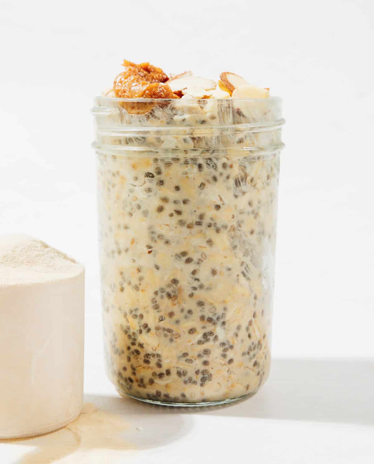 Protein overnight oats in a jar.