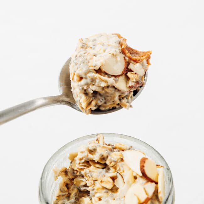 Spoon of protein overnight oats.