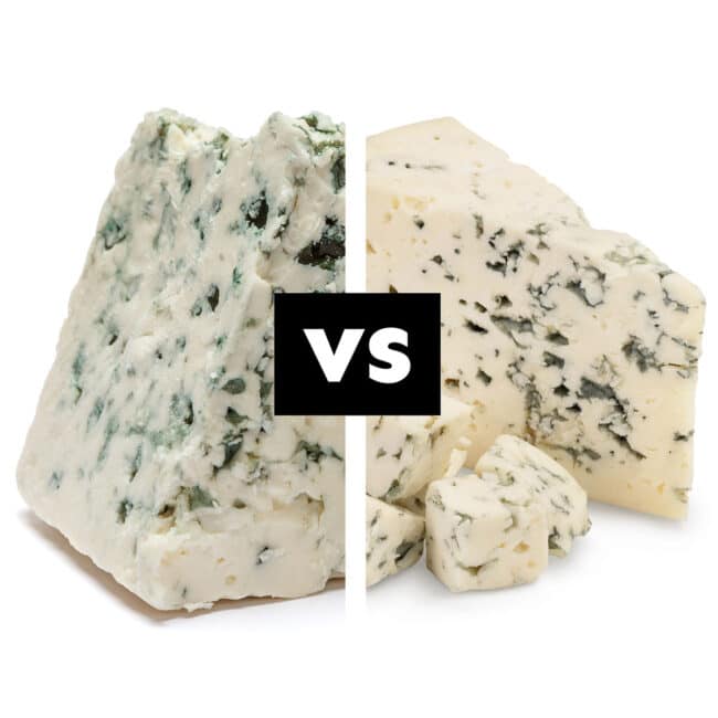Collage with gorgonzola vs blue cheese.