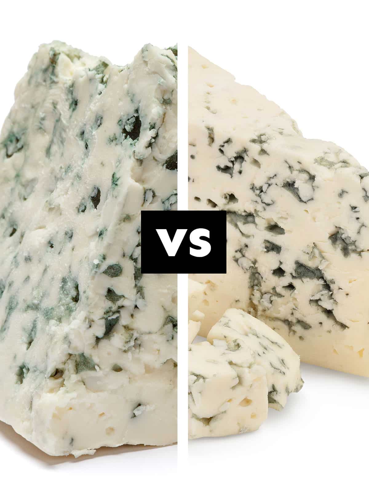 Collage with gorgonzola vs blue cheese.