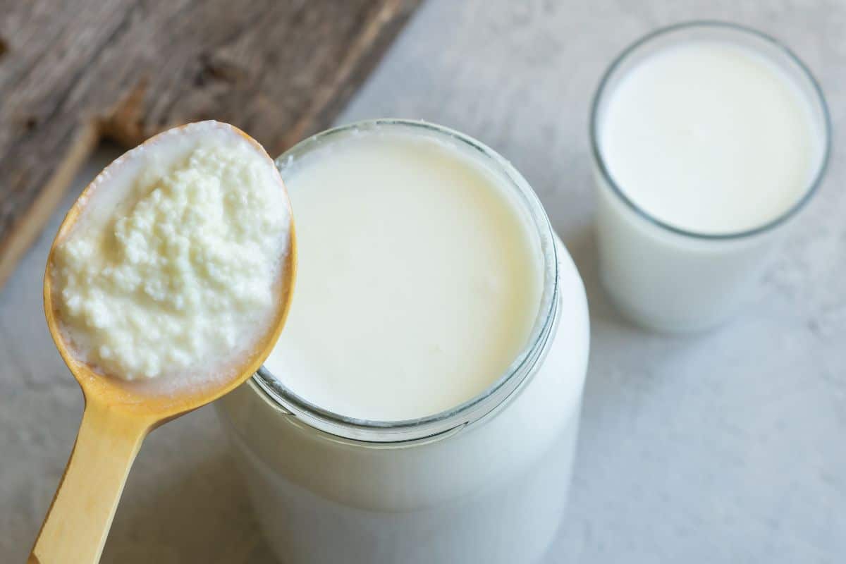 Buttermilk in a jar with a spoon of curds.