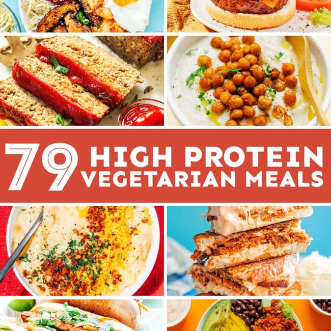 Collage that says "79 high protein vegetarian meals".