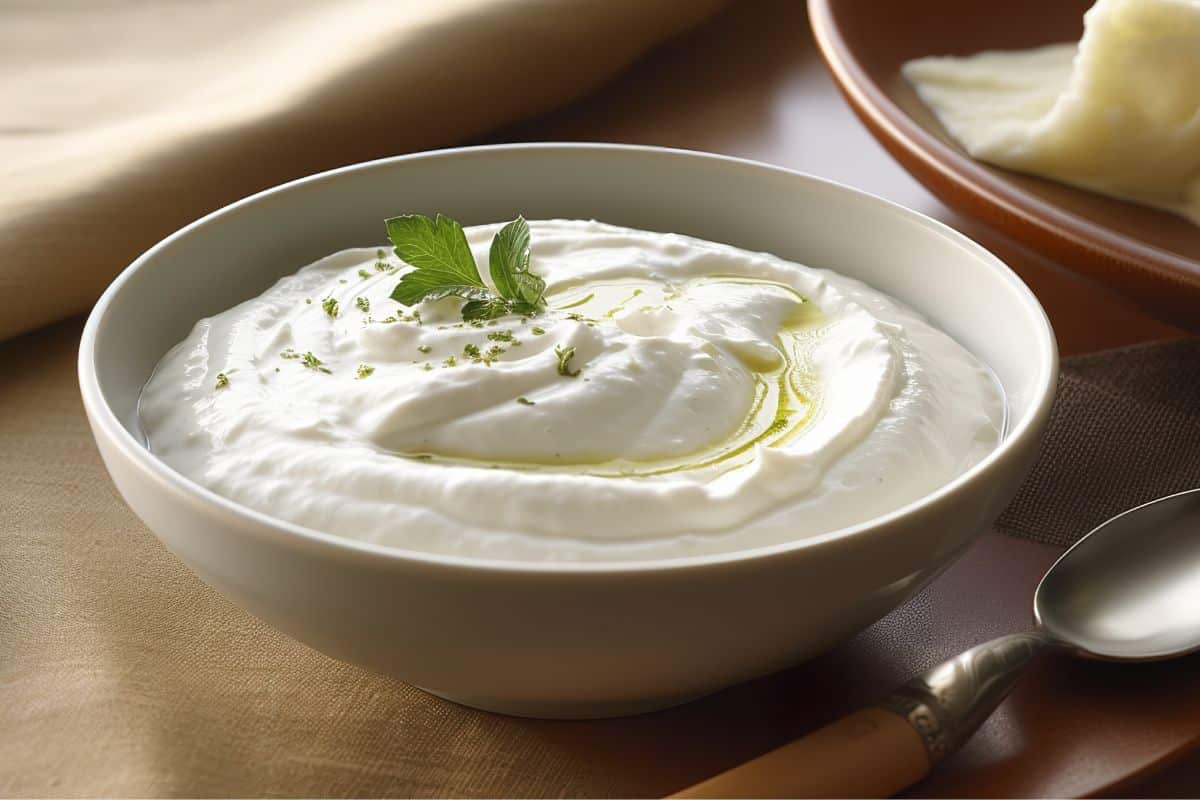 Labneh in a bowl on a table.