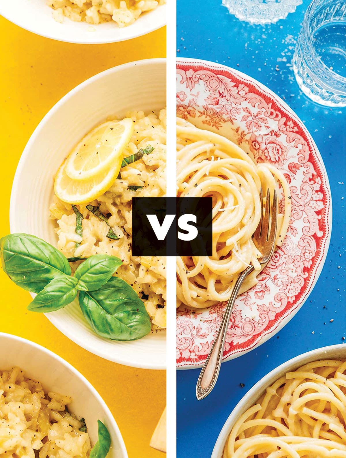 Collage that says risotto vs pasta.
