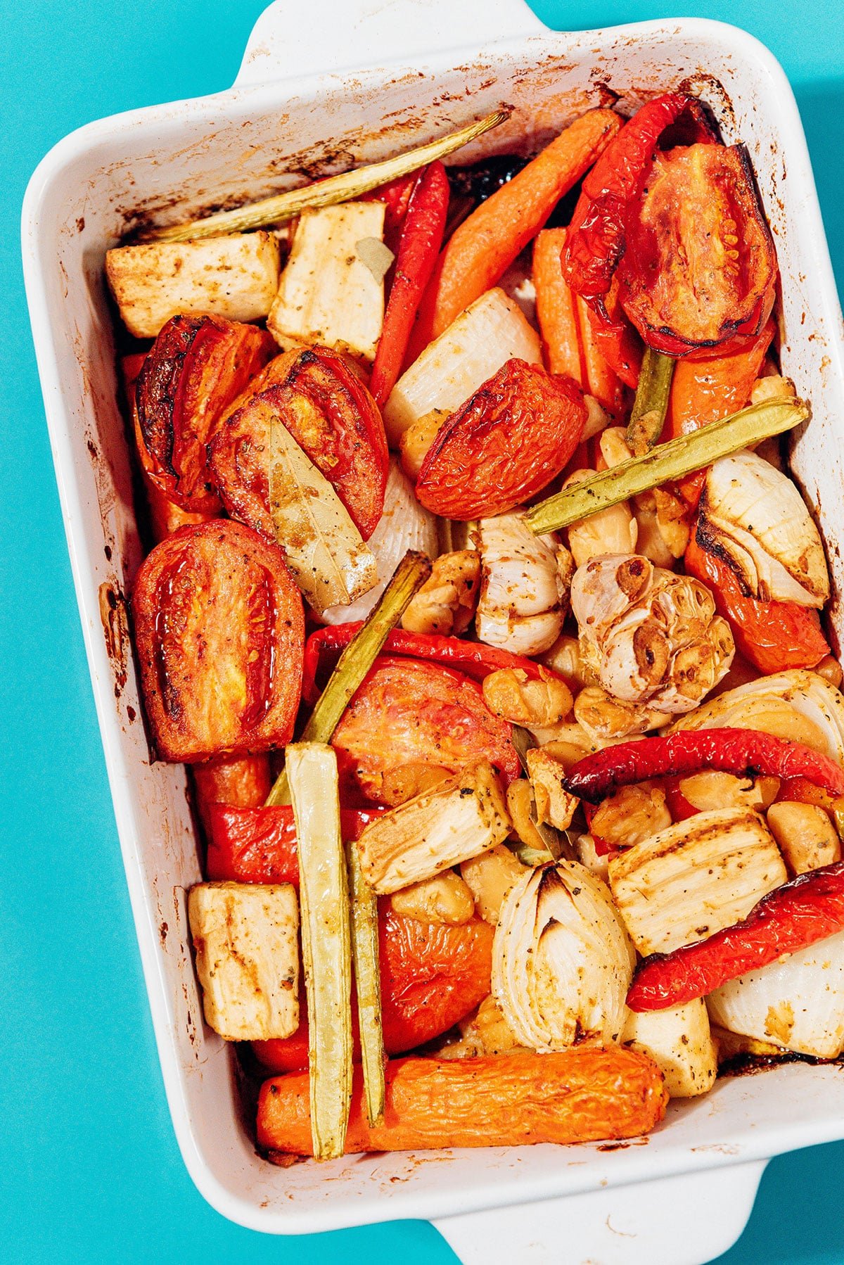 Roasted vegetables in a pan.