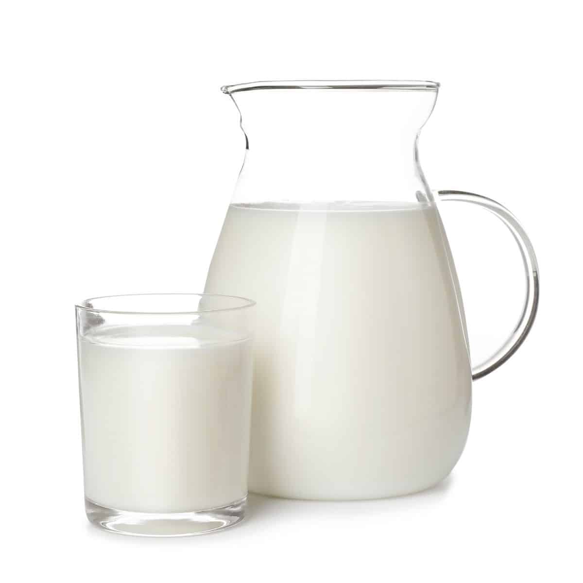 Whole milk in a cup and pitcher on a white background.