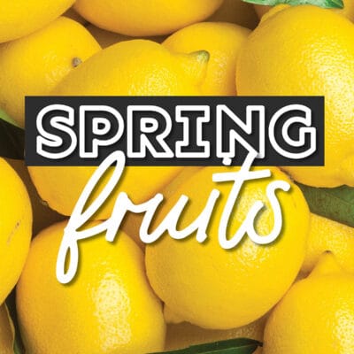 Collage that says "spring fruits".