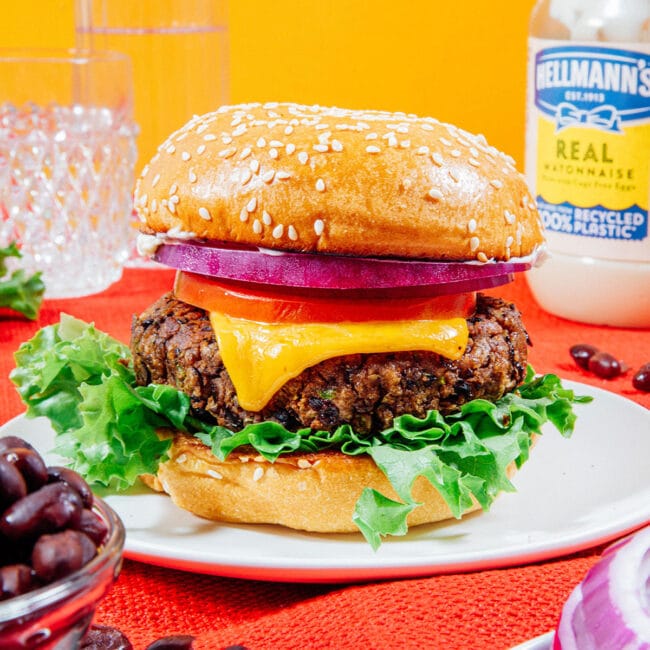 Black bean burger on a colorful background.