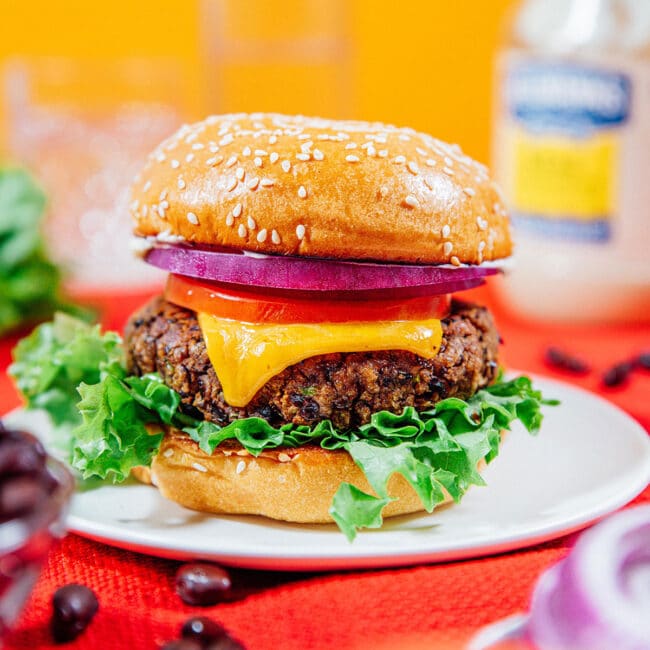 Black bean burger on a colorful background.