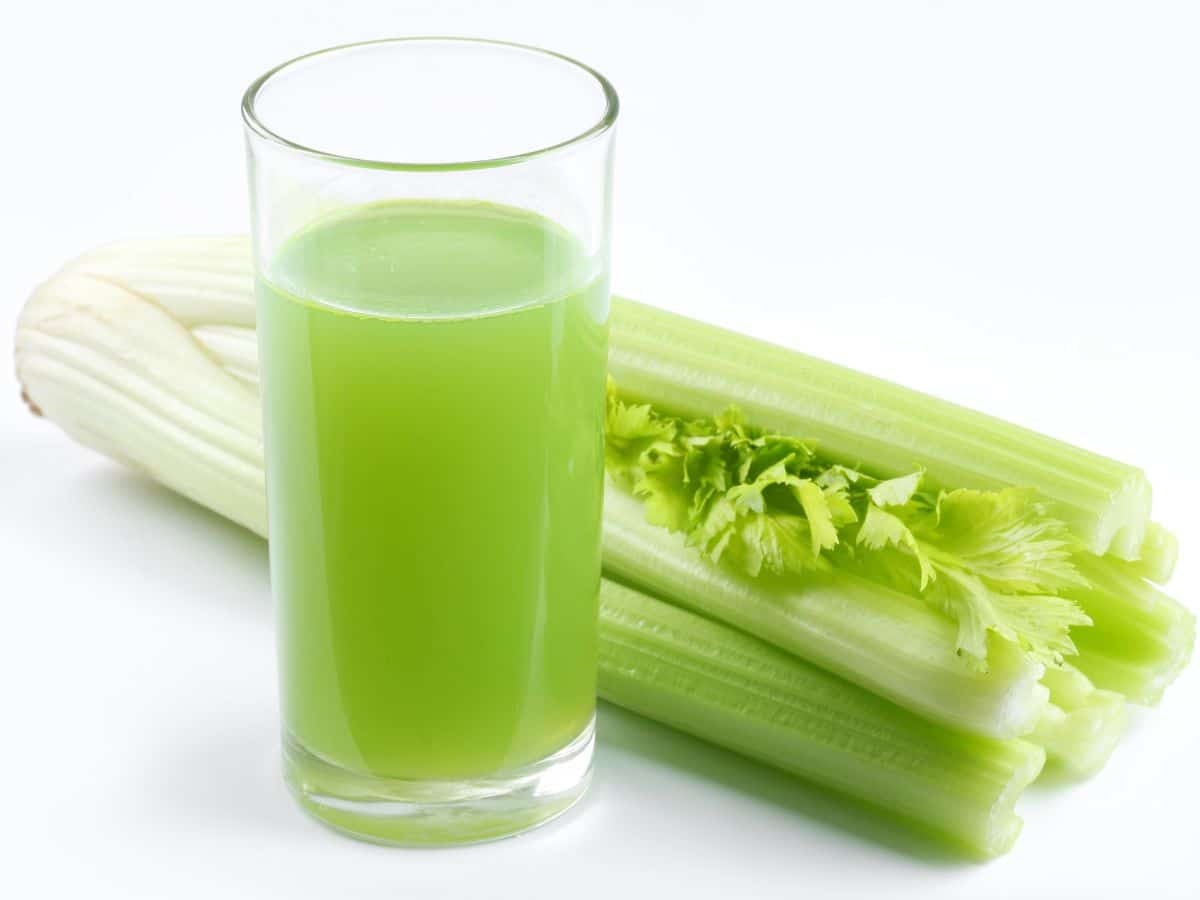 Celery juice in a glass on a white background.