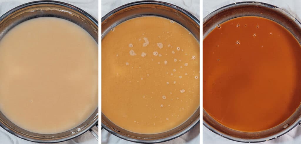 Making a roux in a pan, showing the color differences.