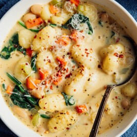 Gnocchi soup in a bowl.