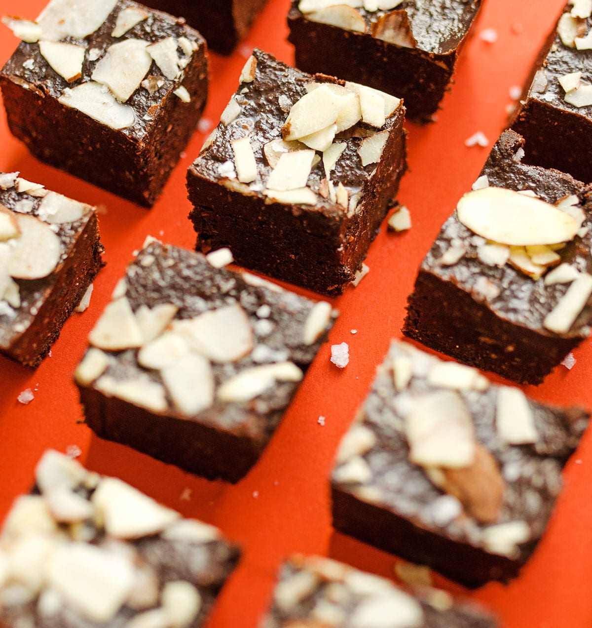 Vegan fudge squares on a red background.