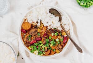 Vegan gumbo in a bowl with rice.