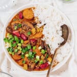 Vegan gumbo in a bowl with rice.Vegan gumbo in a bowl with rice.