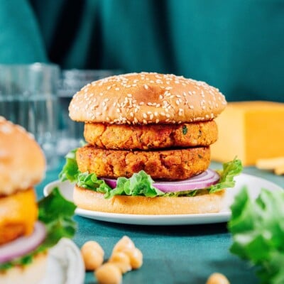 Chickpea burger on a blue background.