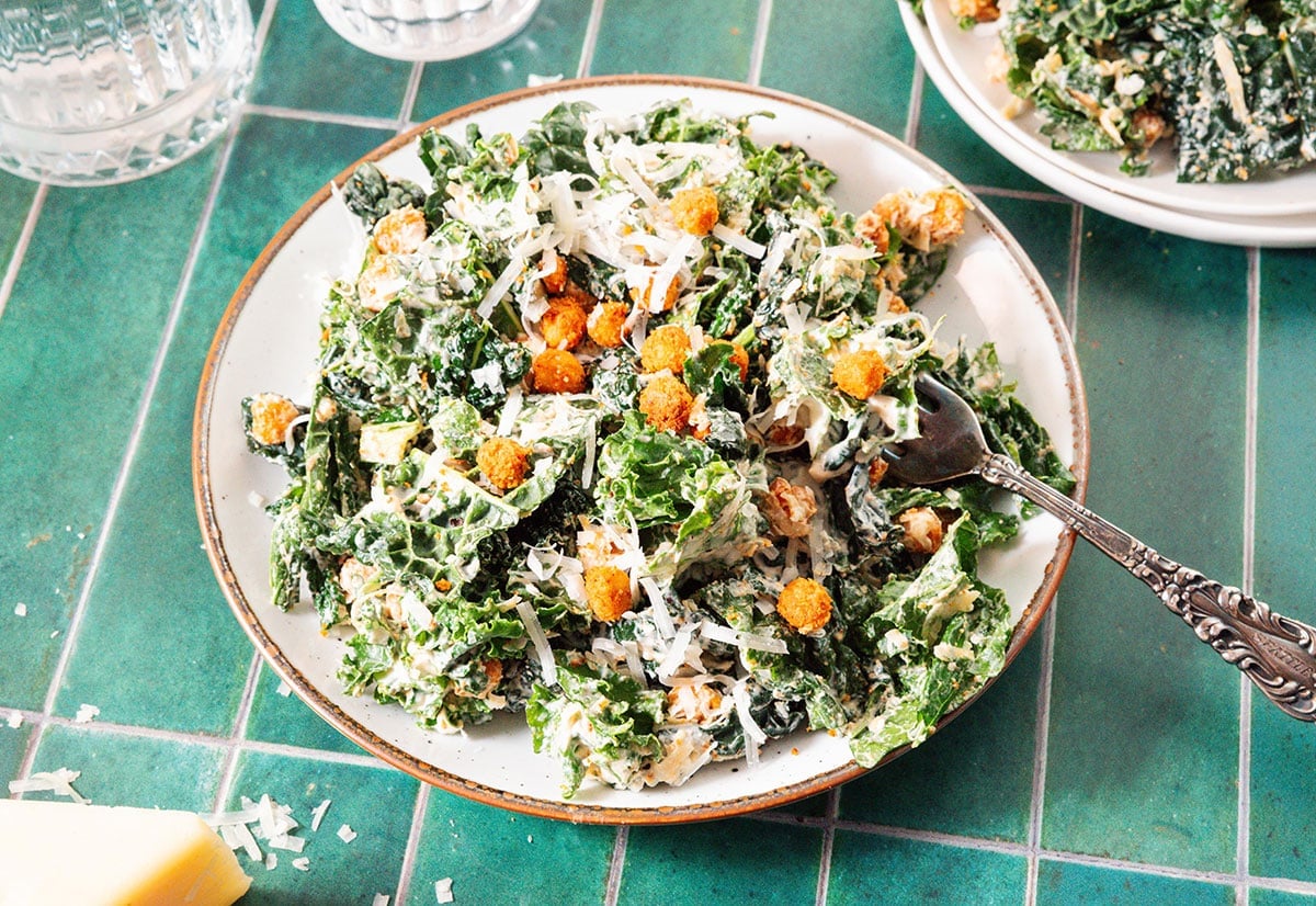 Kale chickpea salad on a plate.