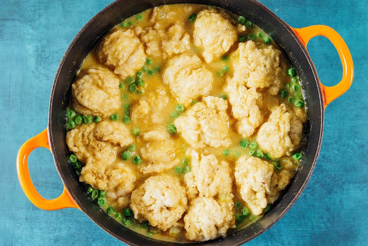 Vegan chicken and dumplings in a pot.