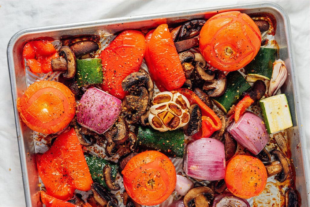 Roasted veggies on a pan.