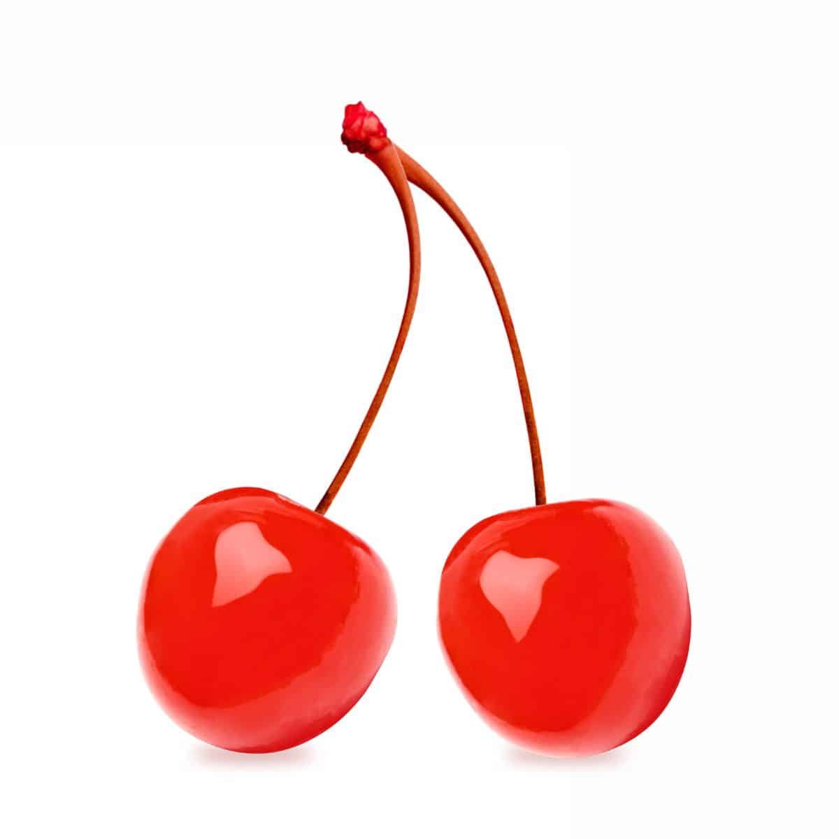 Two maraschino cherries on a white background.
