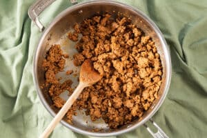 Vegetarian Italian sausage in a pan.