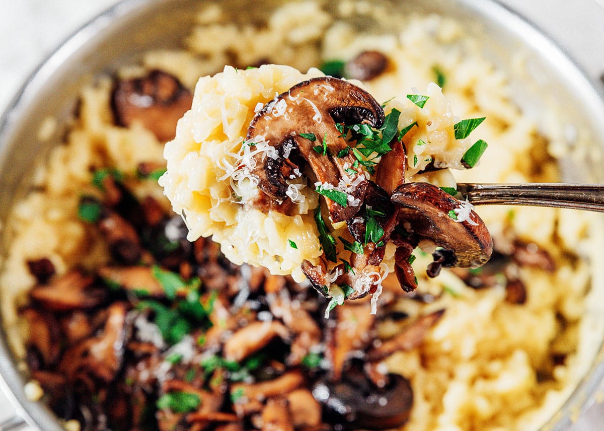 Mushroom risotto on a spoon.