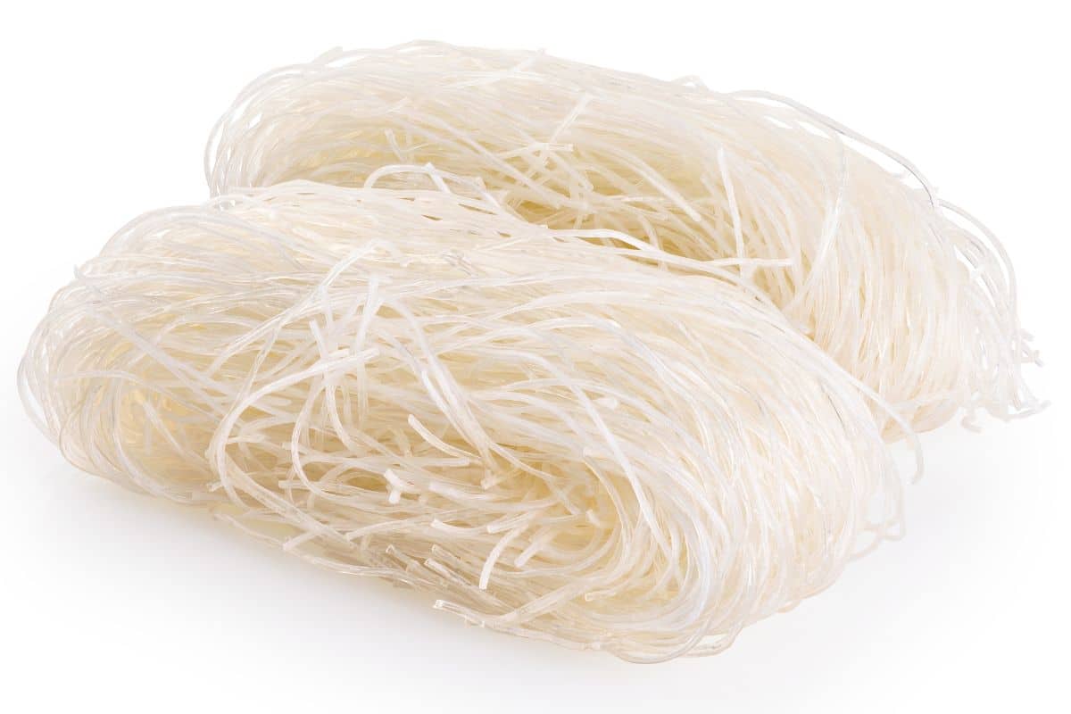Rice stick noodles on a white background.