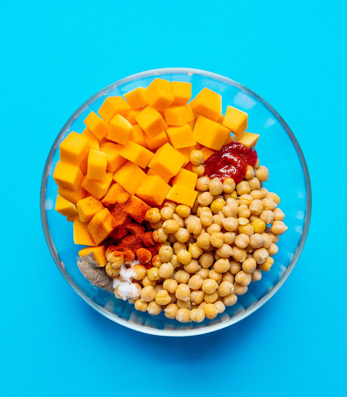 Chickpeas and butternut squash in a bowl.