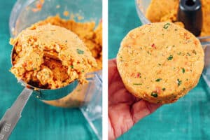Left: A measuring cup scoops chickpea burger mixture from a food processor. Right: A hand holds a formed patty of the chickpea burgers mixture over a blue background.
