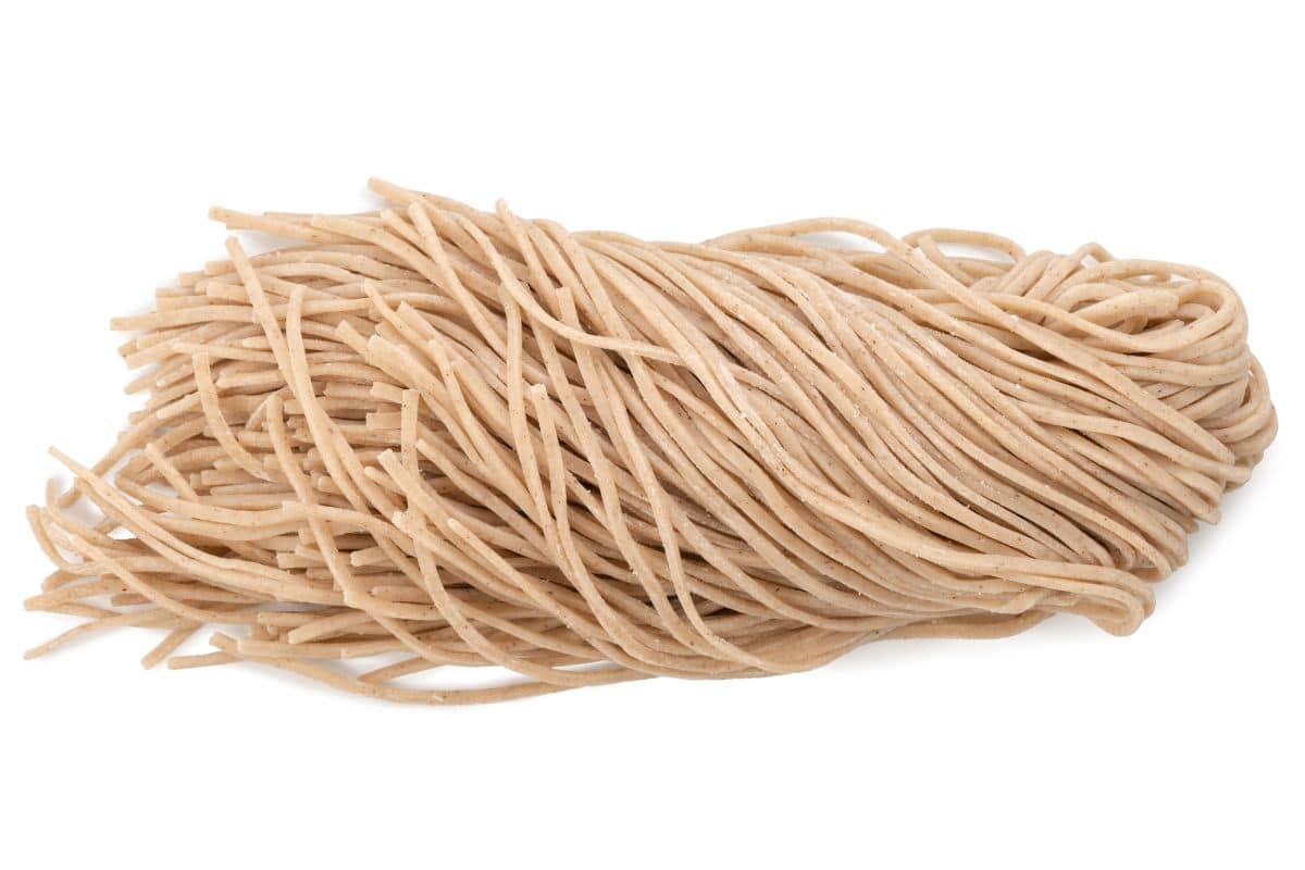 Soba noodles on a white background.