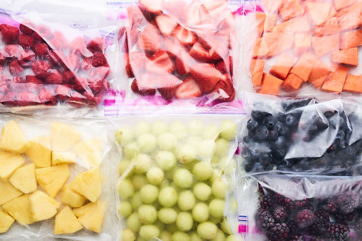 Frozen fruit in bags.