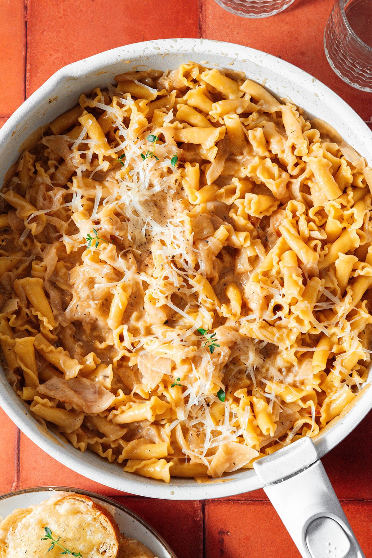 French onion pasta in a pot.