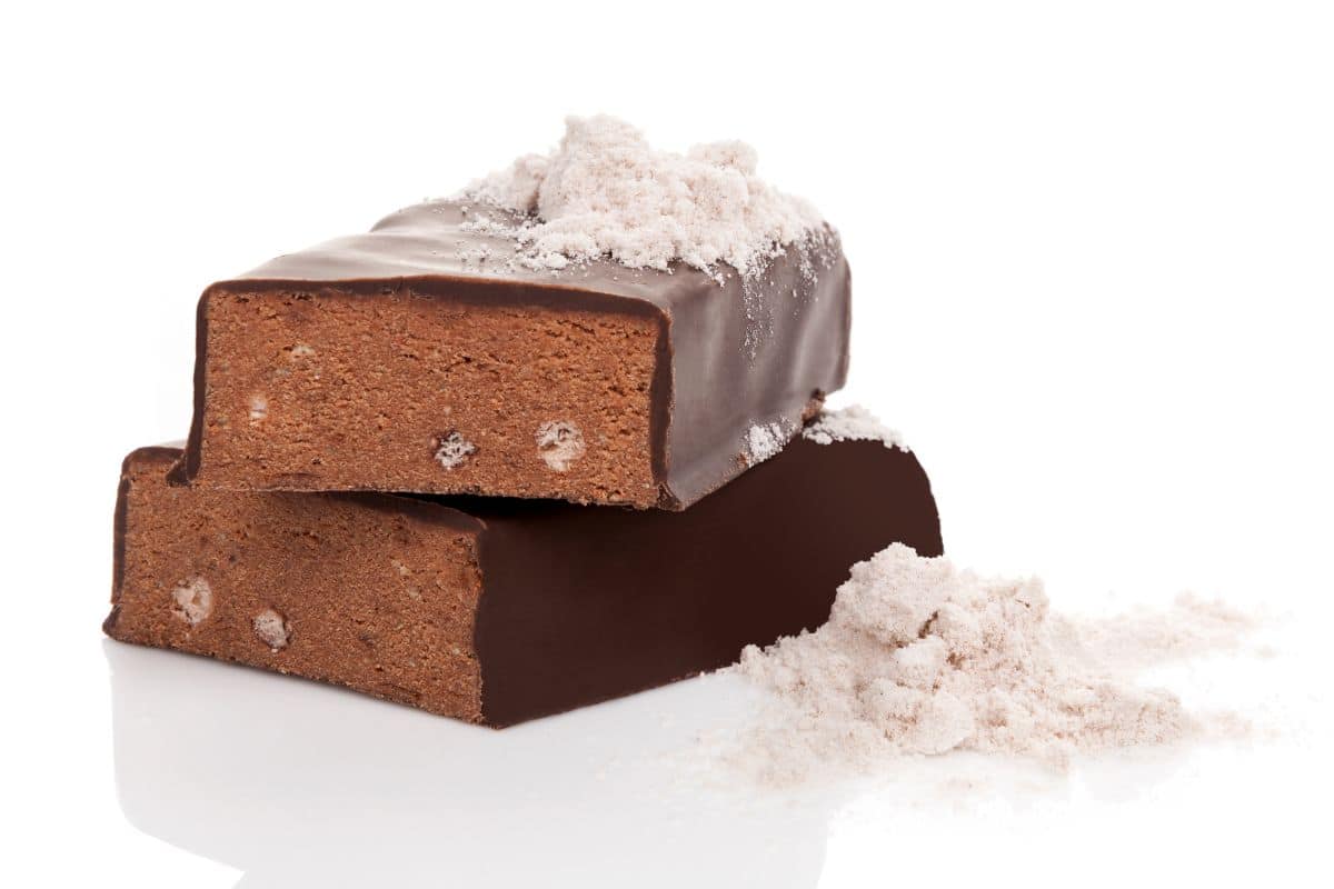 Chocolate protein bar on a white background.