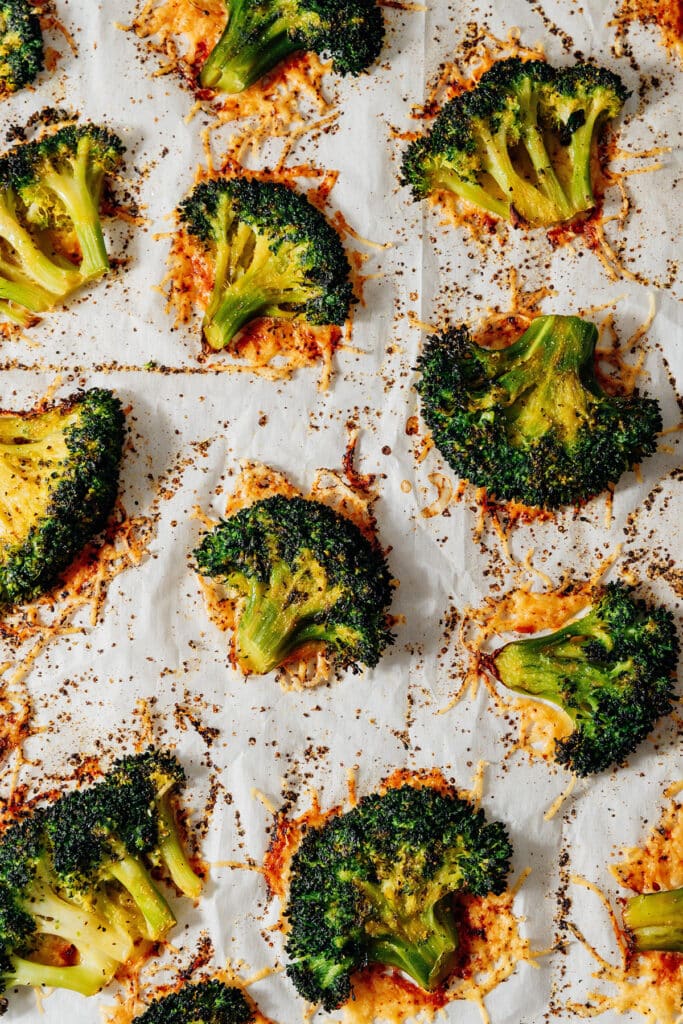 Smashed broccoli on a platter.