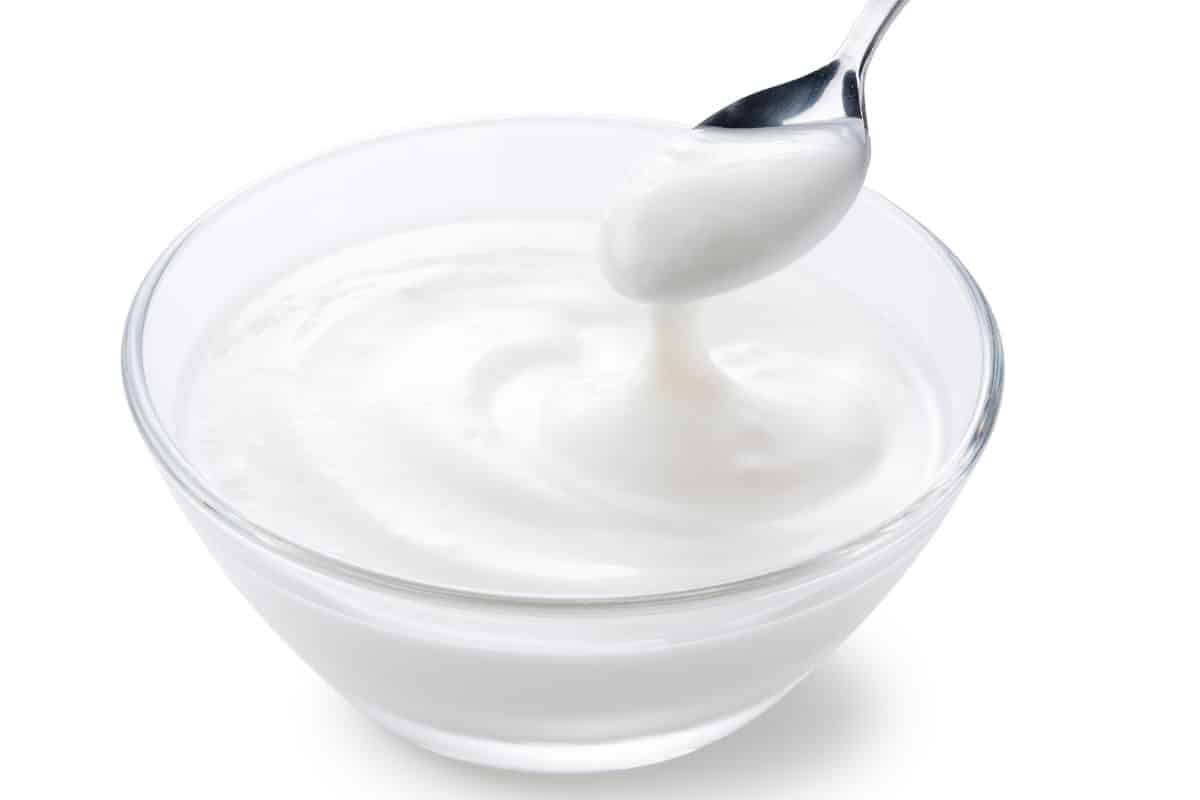 A bowl of soy yogurt on a white background.