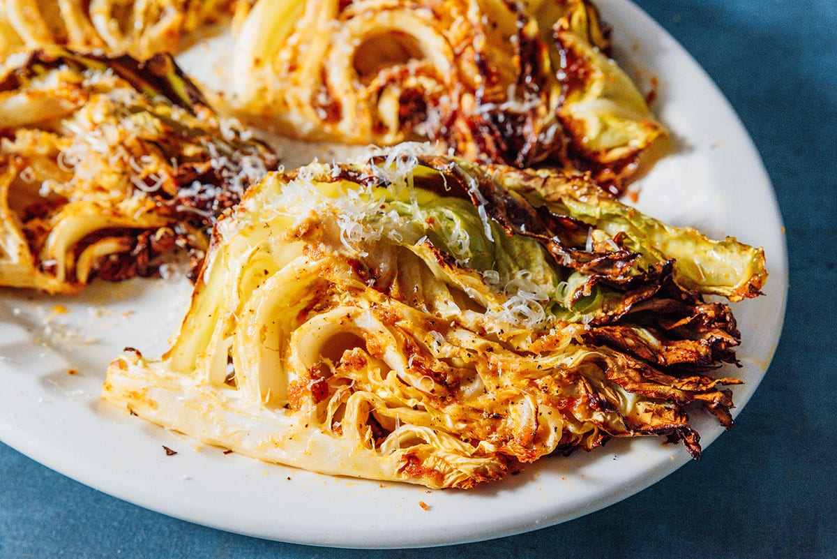 Air fryer cabbage wedges on a platter.
