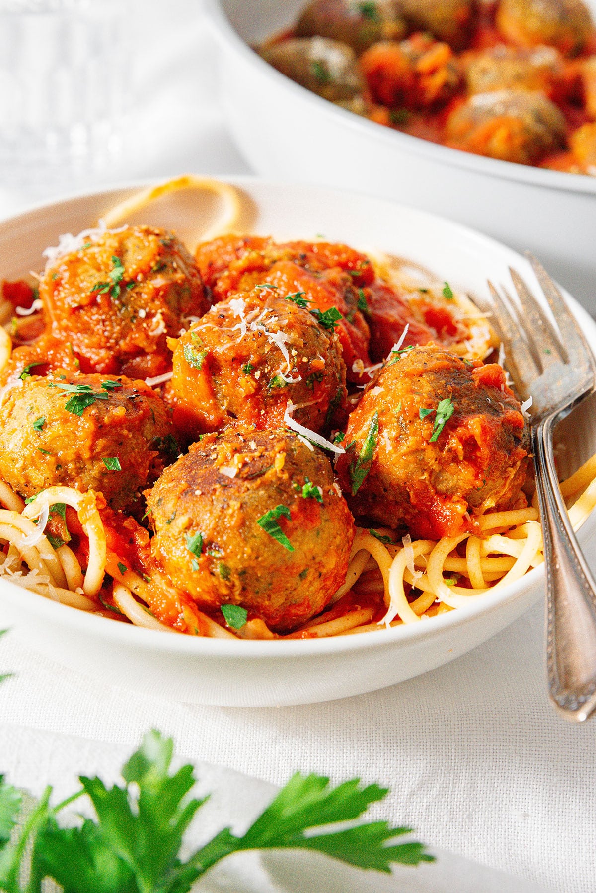 Chickpea meatballs with spaghetti and marinara sauce.