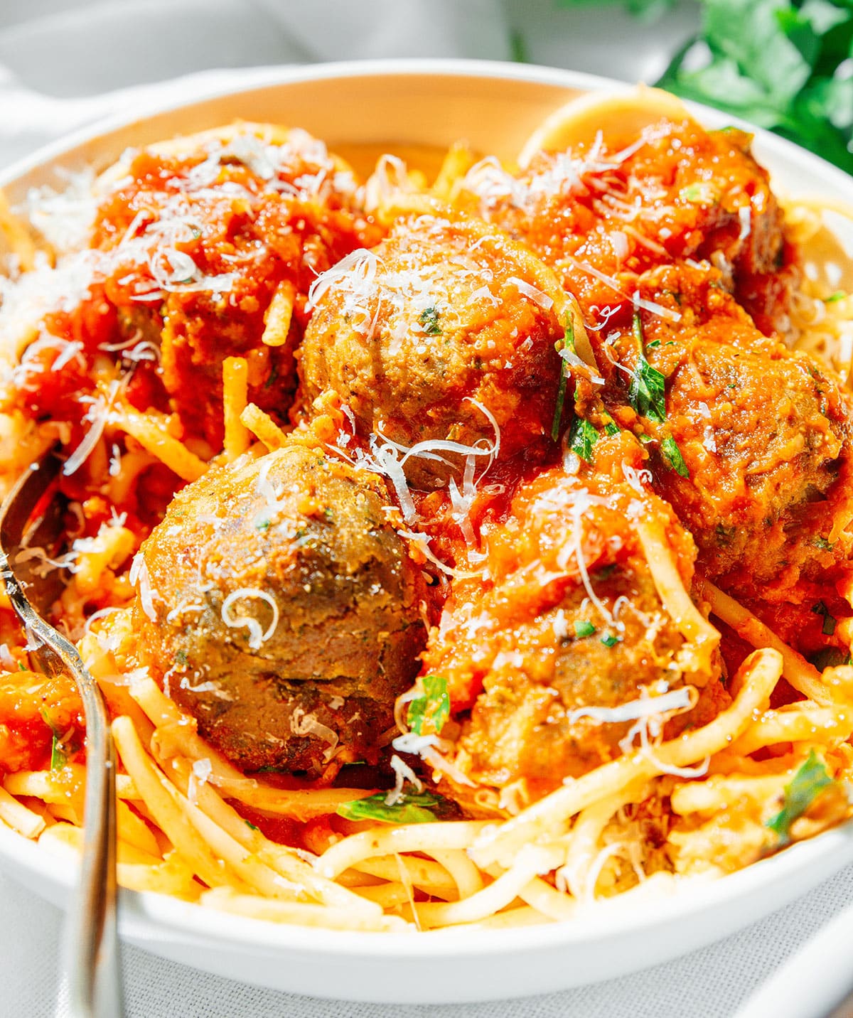 Chickpea meatballs with spaghetti and marinara sauce.